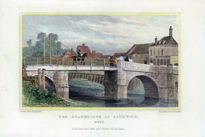 ancient gate and drawbridge Sandwich BARTLETT 1842 old antique print Kent 
