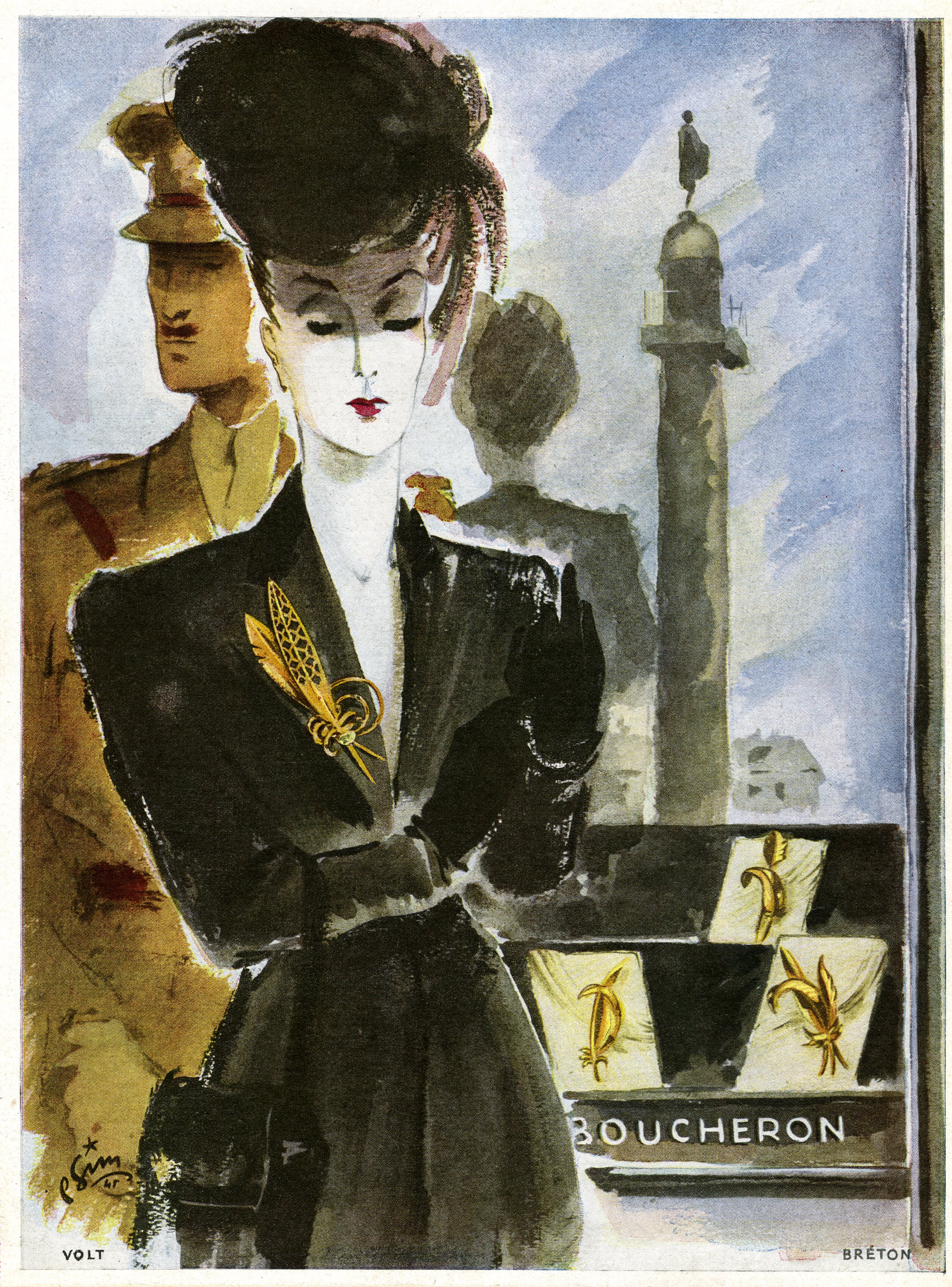 "BOUCHERON" Annonce originale entoilée parue dans PLAISIR DE FRANCE en 1948 et illustrée par P. SIM [As New]