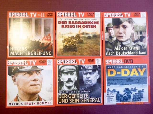 Konvolut 11 SPIEGEL TV DVD zum Thema NATIONALSOZIALISMUS/ DRITTES REICH: 1. Hitlers Machtergreifung 1933/ 2. Der barbarische Krieg im Osten. Überfall auf die Sowjetunion/ 3. Als der Krieg nach Deutschland kam/ 4. Mythos Erwin Rommel/ 5.Der Gefreite und sein General. Adolf Hitler und Erich Ludendorff/ 6. D-Day: Amerikas letzter Sieg/ 7. SS-Chef Heinrich Himmler. Aus dem Leben eines Massenmörders/ 8. Das kurze Leben der Anne Frank/ 9. Besiegt und frei. Deutschland 1945/ 10. Die Stunde Null. Berlin, Sommer 1945/ 11. Strafsache Drittes Reich; 70 Jahre Nürnberger Prozesse//. - CVD-Sammlung