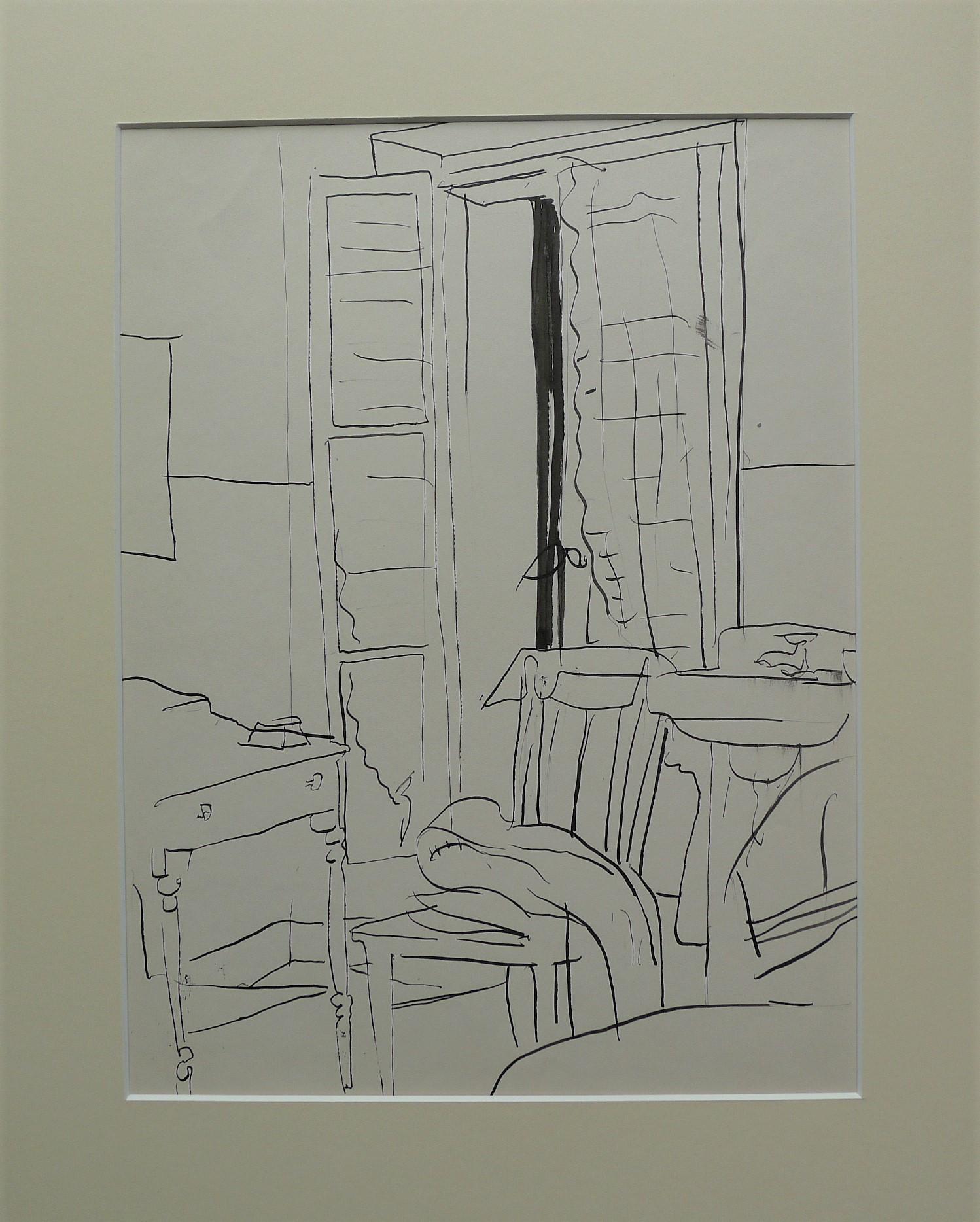 Pen and brush ink sketch of a hotel interior with window. Marked, Vallauris 15.6.'55. With sketchbook holes to side. KAY, BERNARD. [Very Good] [Softc