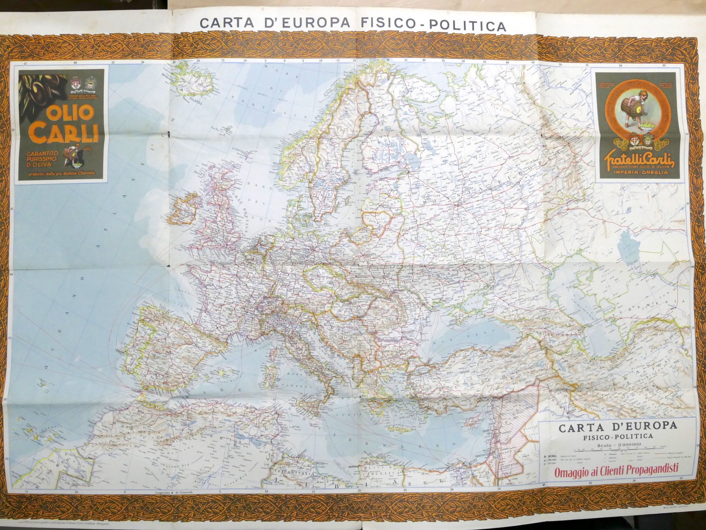 Carta d'Europa fisico-politica - Omaggio ai clienti Olio Carli - 1930 ca.:  Buone Rilegato | Chartaland