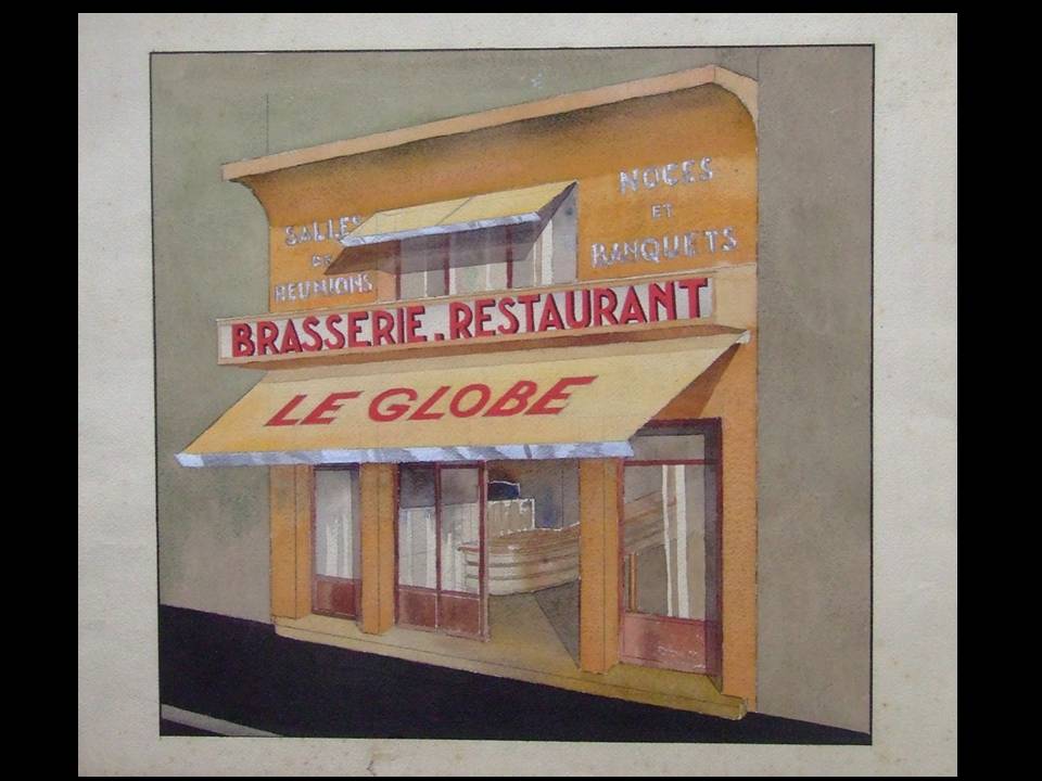 DEVANTURE DE RESTAURANT "LE GLOBE" -1930- GRANDE GOUACHE ORIGINALE, ART DECO, A. BOUVARD [Bon]