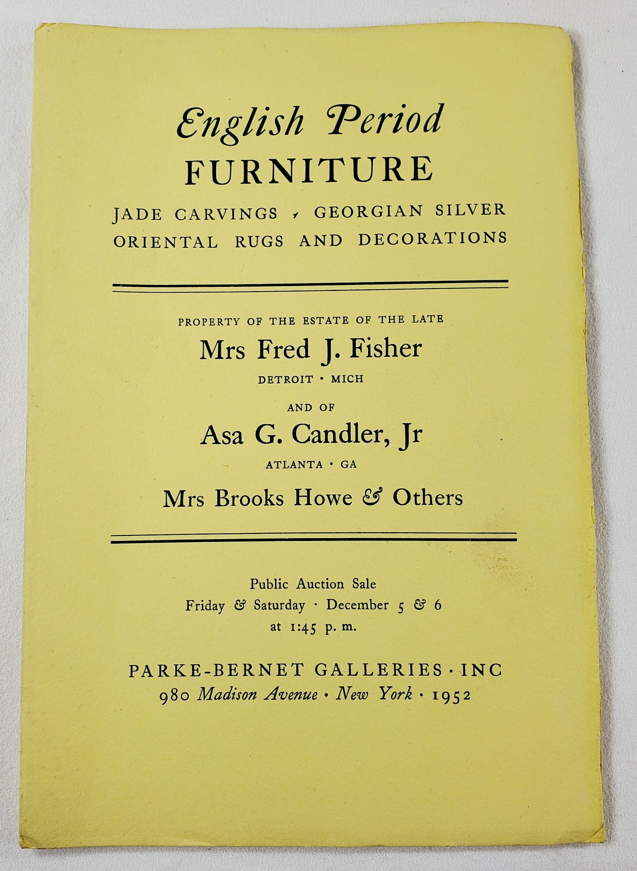 English Period Furniture, Jade Carvings, Georgian Silver, Oriental Rugs and Decorations. Property of the Estate of the Late Mrs. Fred J. Fisher; Asa
