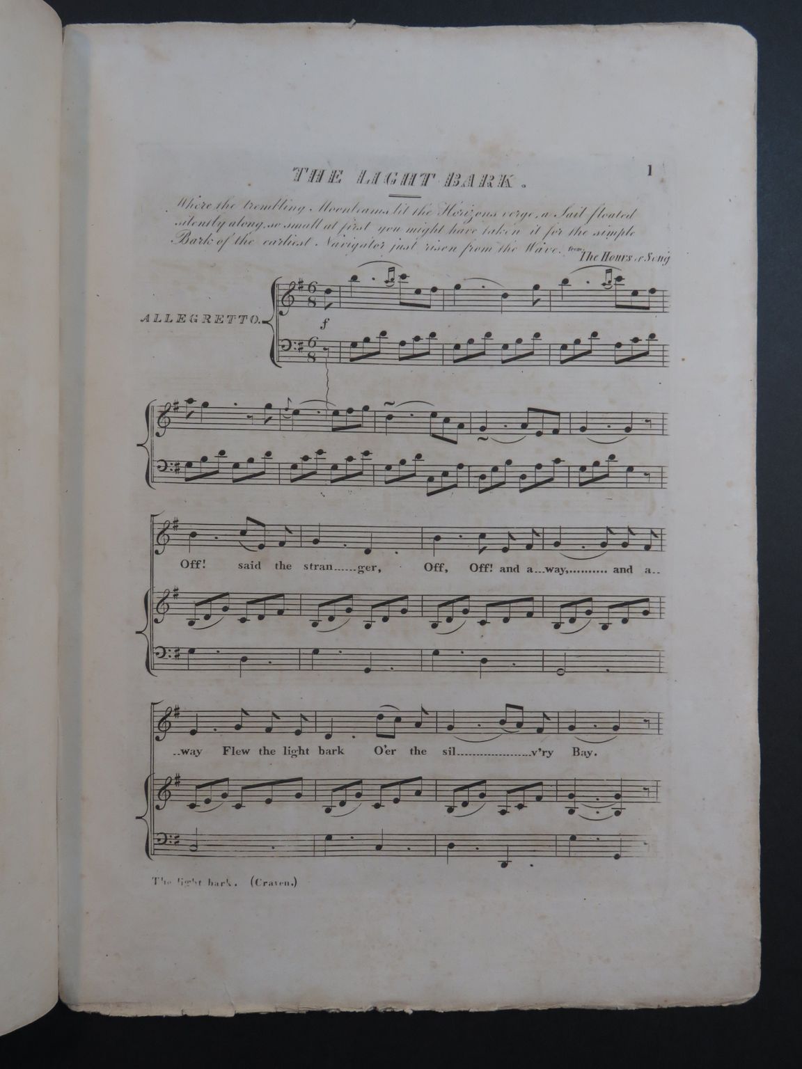 Bark Craven J T The Light Bark Canto Piano ca1830 Partitura Sheet Music Score 