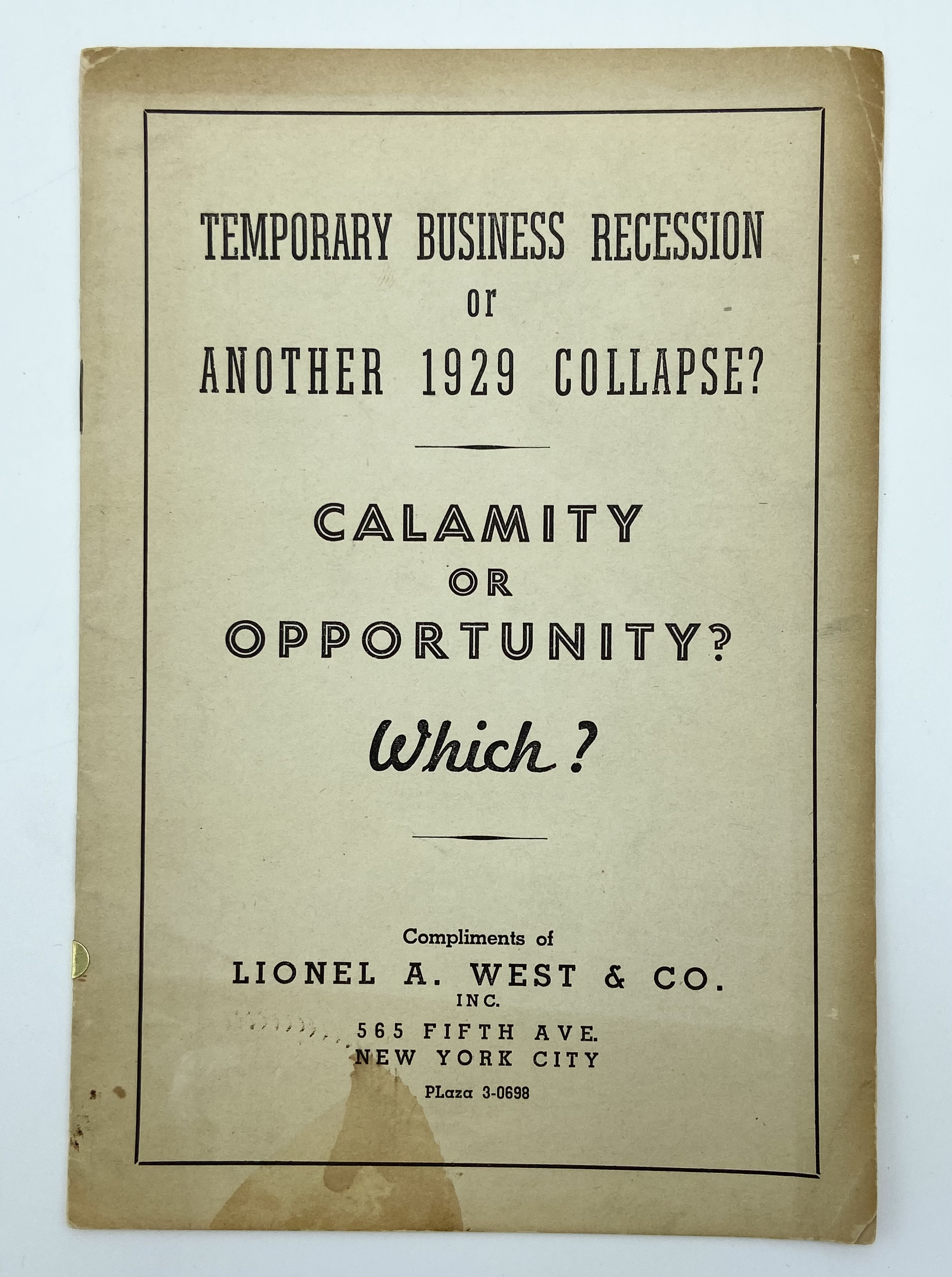 Temporary Business Recession or Another 1929 Collapse? Calamity or