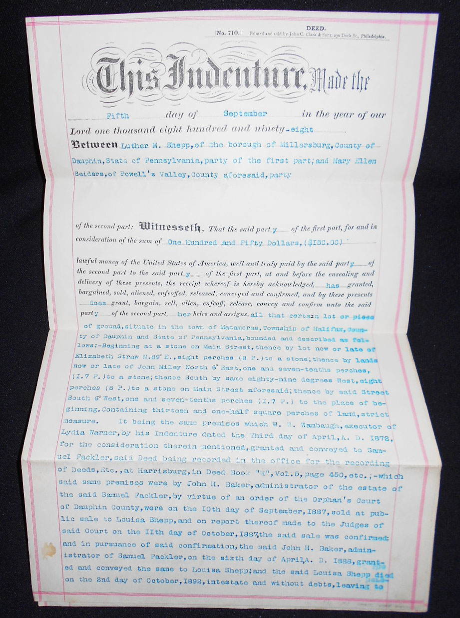 Deed for sale of lot in Matamoras, Dauphin County, Pa von Gross, Edward