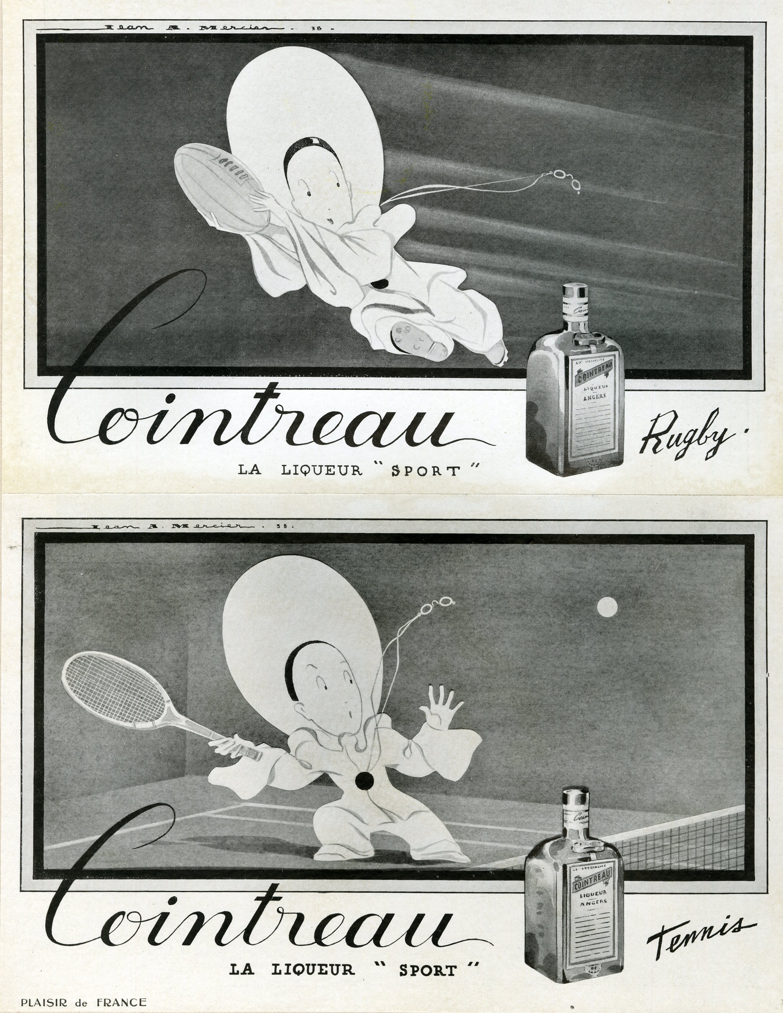 "COINTREAU RUGBY et TENNIS" Annonce originale entoilée par Jean A. MERCIER parue dans PLAISIR DE FRANCE (1939) [As New]