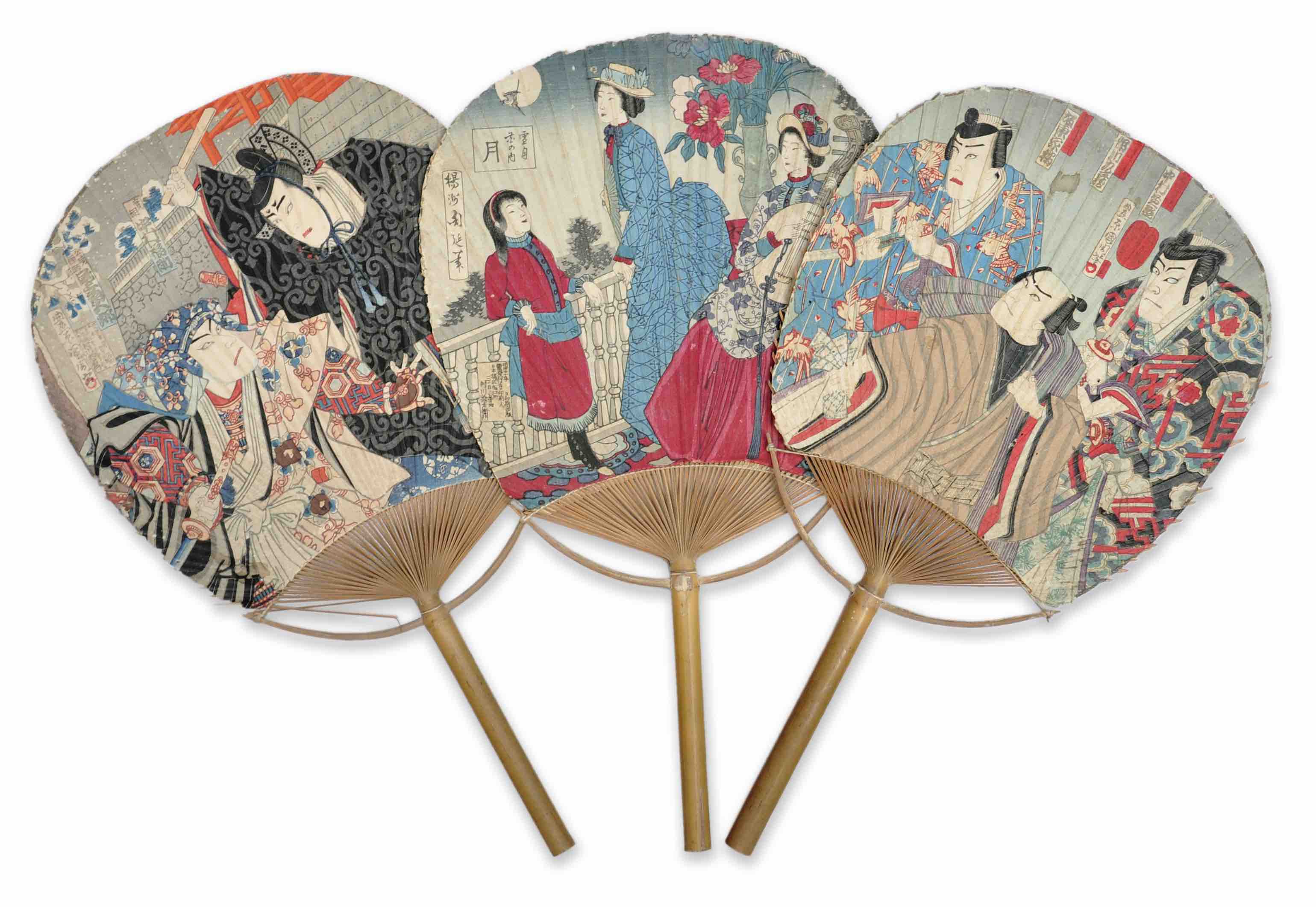 [Three ukiyo-e woodblock-printed paper fans depicting kabuki actors and one with three ladies in Western clothing]. Published by Murakawa Soemon in T