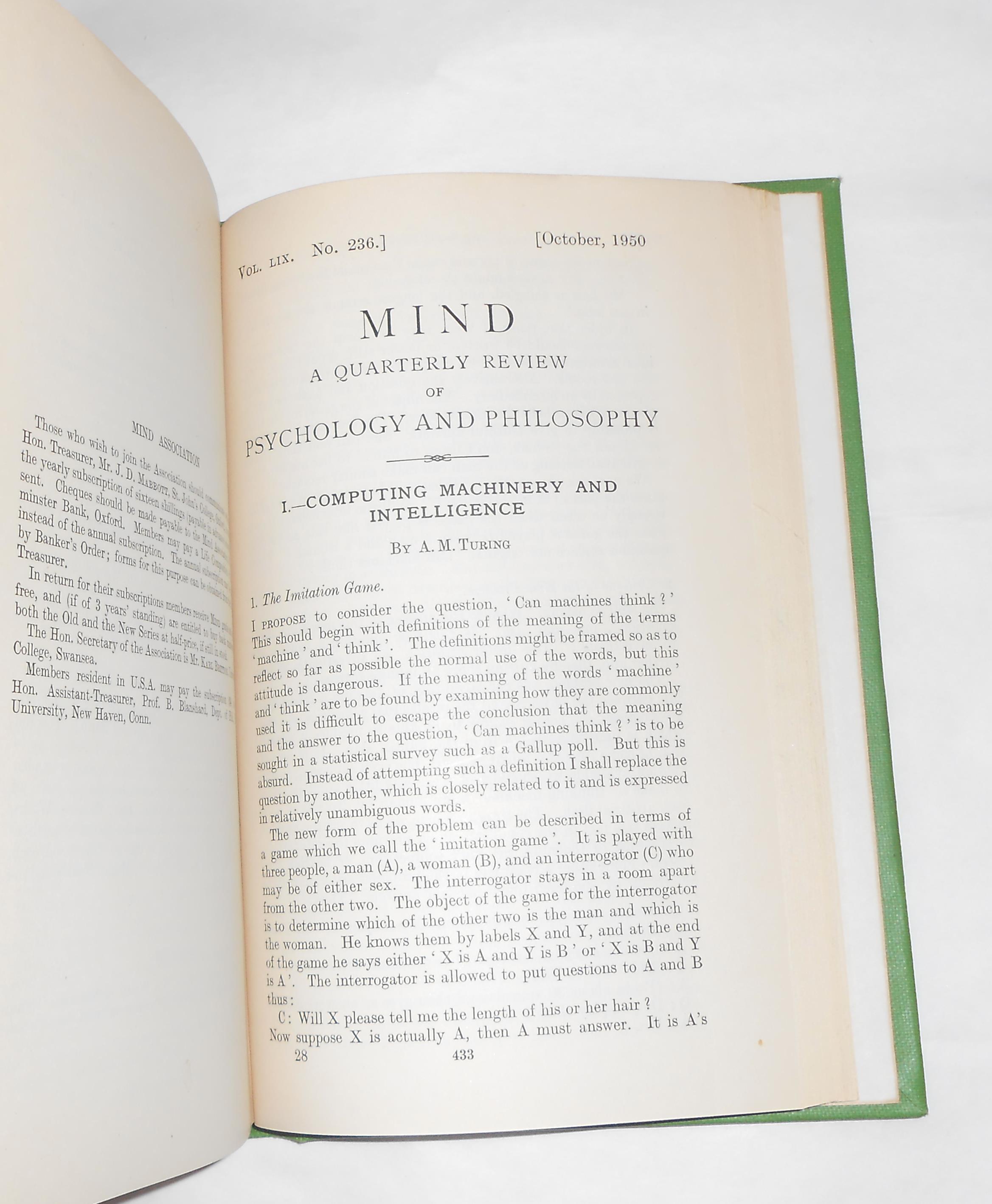 Orthodox salade Bruin Computing Machinery and Intelligence by Alan Turing - first printing in  Mind - A Quarterly Review of Psychology and Philosophy - Vol LIX 1950 by  TURING, Alan (A M) (volume editor Gilbert