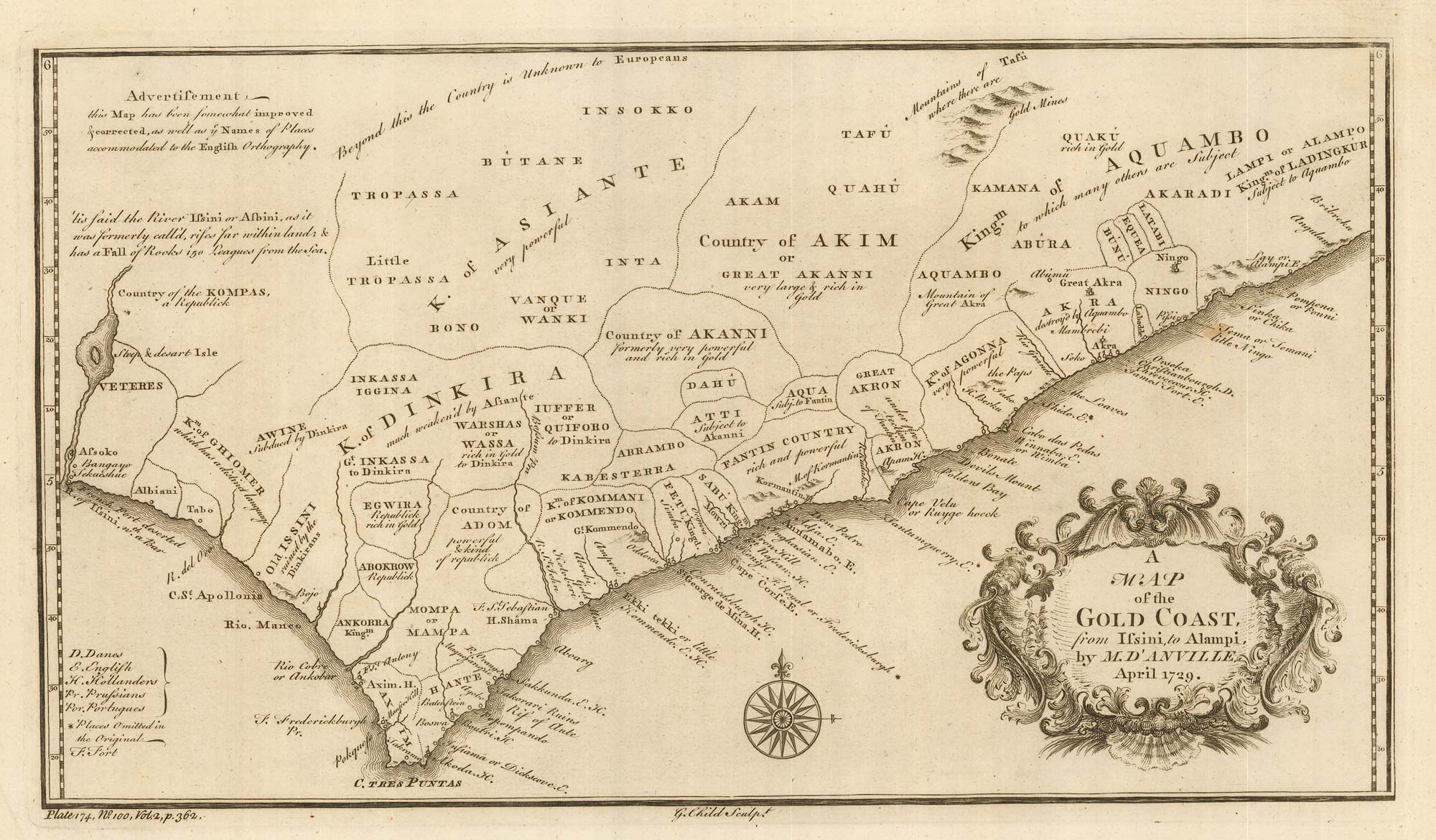 A map of the Gold Coast from Issini to Alampi by M. d'Anville. by