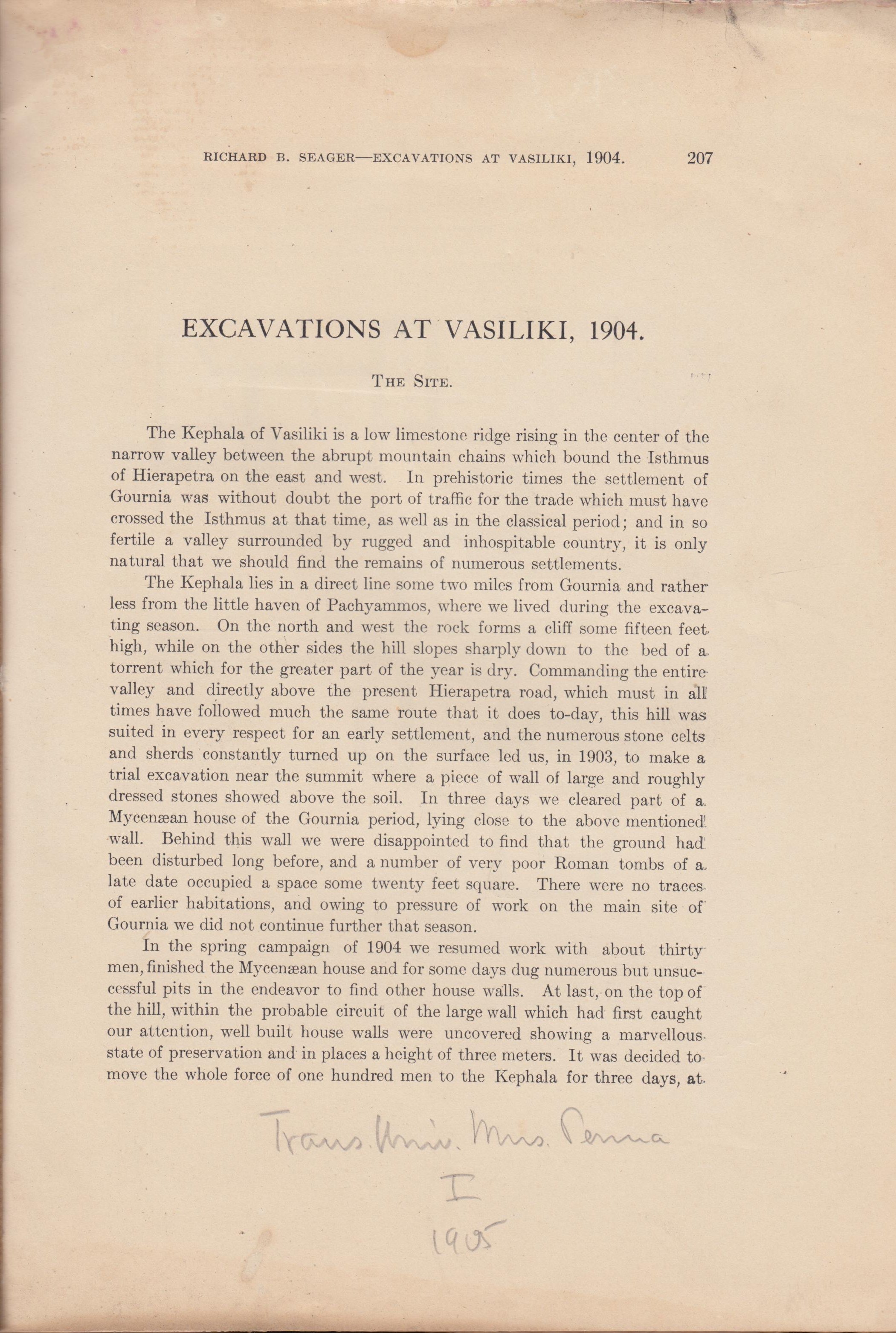 Excavations at Vasiliki. by Richard Berry Seager Très bon Couverture