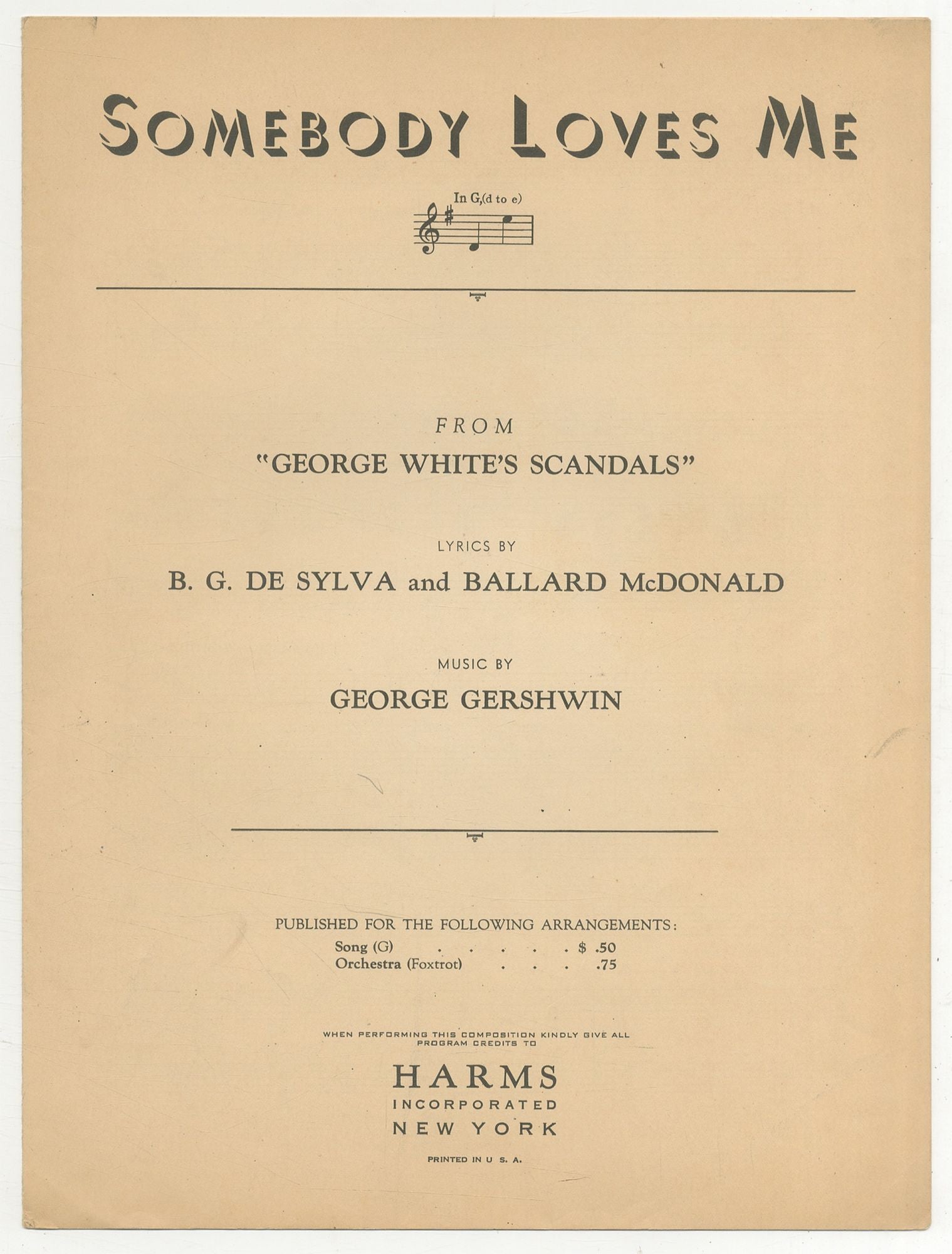 [Sheet music]: Somebody Loves Me MacDONALD, Ballard and B.G. De Sylva, words by. Music by George Gershwin [Very Good] [Softcover]