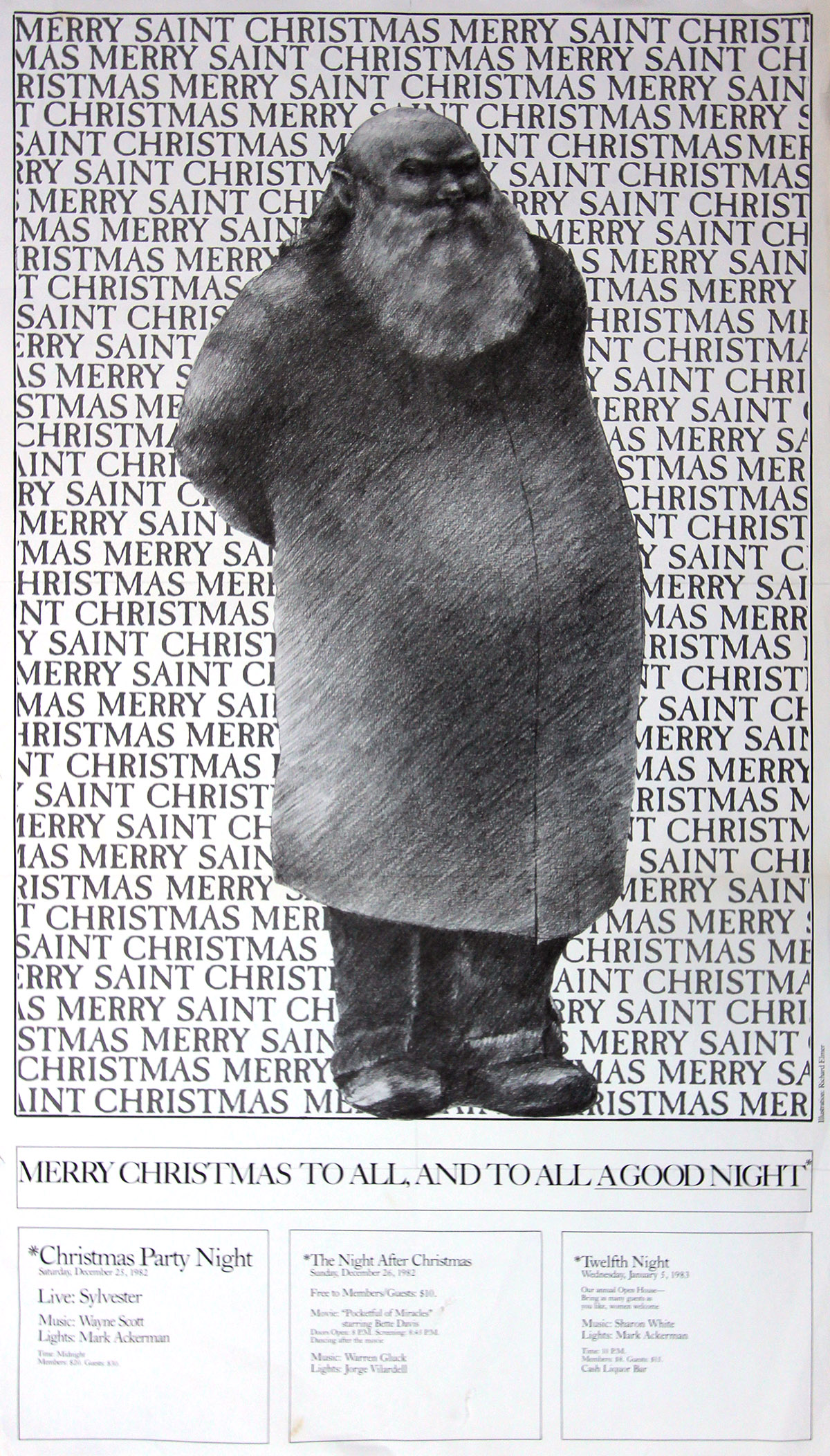MERRY SAINT CHRISTMAS (3 events, incl. CHRISTMAS PARTY ft. Sylvester live) (Dec 25, 1982) Event poster Richard Elmer (designer) [Bon]
