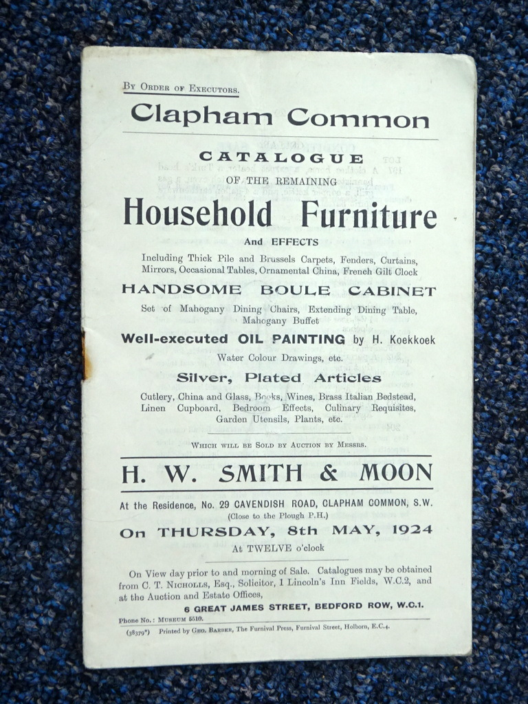 Household Furniture and Effects at 29 Cavendish Road, Clapham Common, 8th May 1924, Including Thick Pile and Brussels Carpets, Fenders, Curtains, Mir