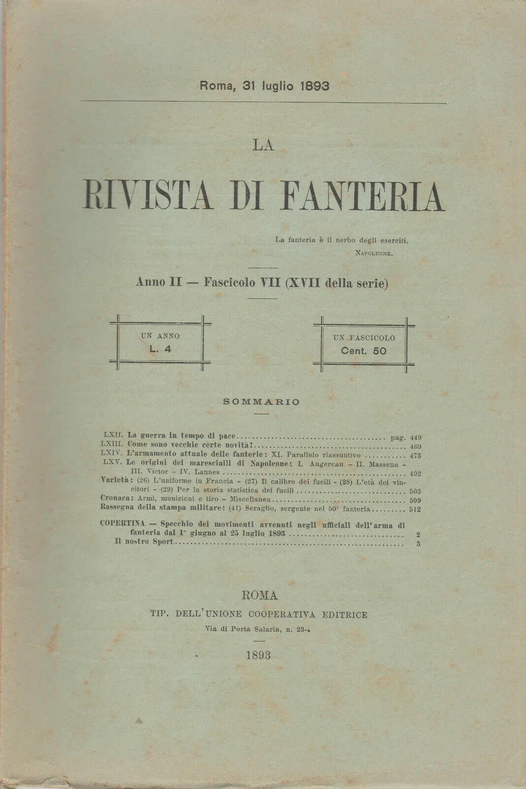 Abebooks Rivista di Fanteria (armi munizioni e tiro) 31 lugio 1893