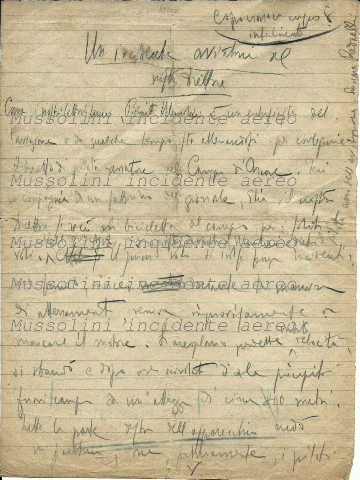 Abebooks Incidente aereo di Mussolini durante una lezione di volo con Redaelli 1921