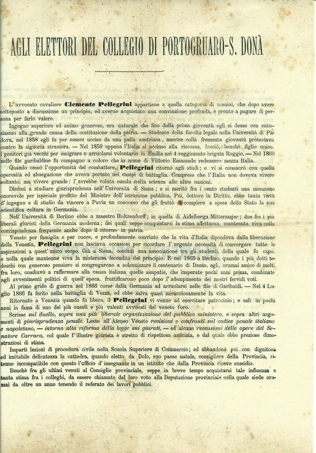 Abebooks Clemente Pellegrini Volantino elettorale Collegio di Portogruaro-S.Donà 1870?