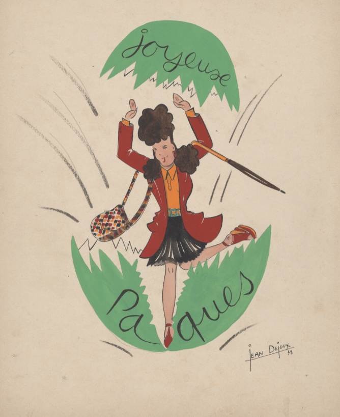 JOYEUSE PAQUES CHEZ LES ZAZOUS" Dessin à l'aquarelle sur papier par Jean  DEJOUX (1943): (1943) Edition originale  Art&nbsp;/&nbsp;Print&nbsp;/&nbsp;Poster | Mad-Museum