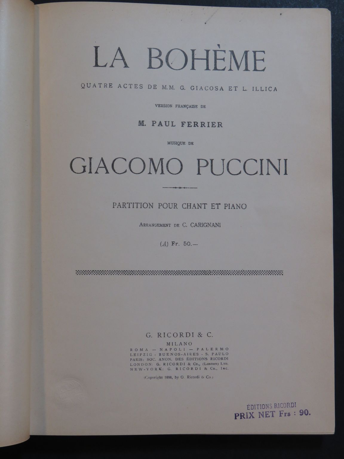 PUCCINI Giacomo La Bohème Opéra Chant Piano 1898 by PUCCINI Giacomo La ...
