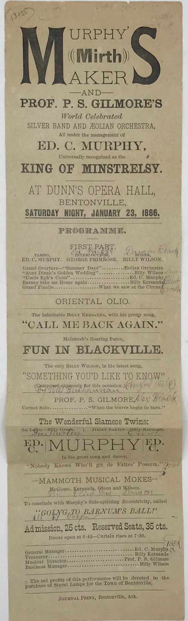 MURPHY'S / MIRTH / MAKER / AND / PROF. P. S. GILMORE'S / WORLD CELEBRATED / SILVER BAND AND AEOLIAN ORCHESTRA, / ALL UNDER THE MANAGEMENT OF / ED. C.