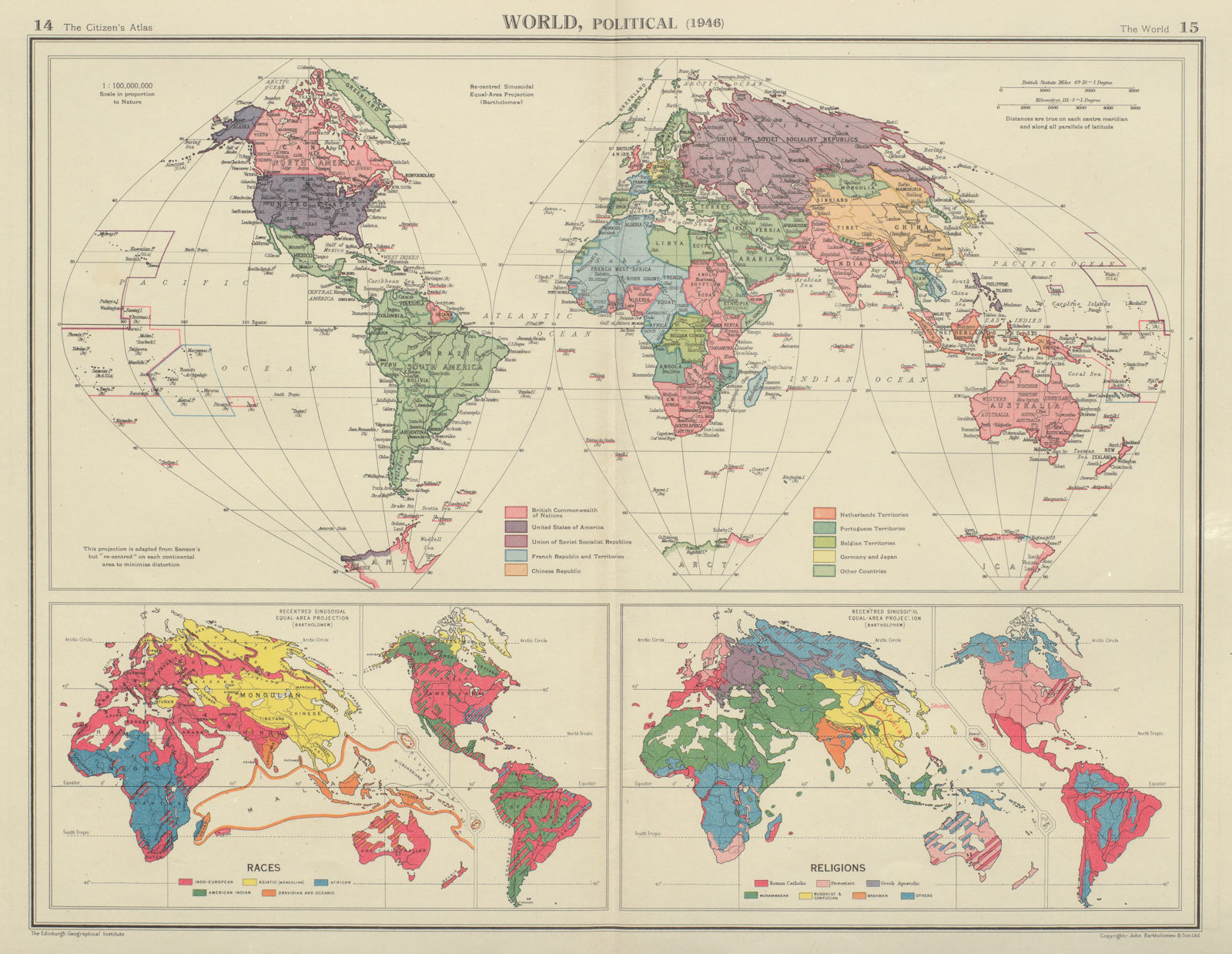 World Political (1946) by Bartholomew, John (1947) Map Antiqua Print