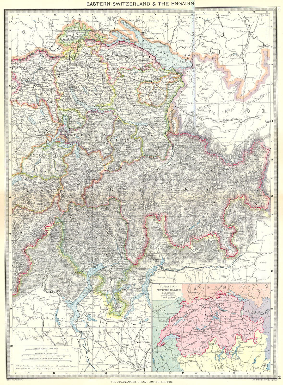 SWITZERLAND Eastern & Engadin; map of Tourist 1907 old antique plan chart 