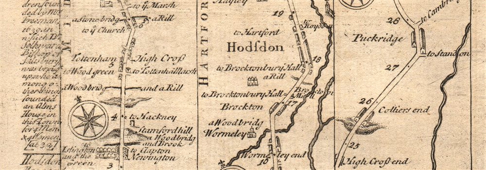 London-Hoxton-Tottenham-Edmonton-Waltham Cross-Hoddesdon-Ware BOWEN map 1753 