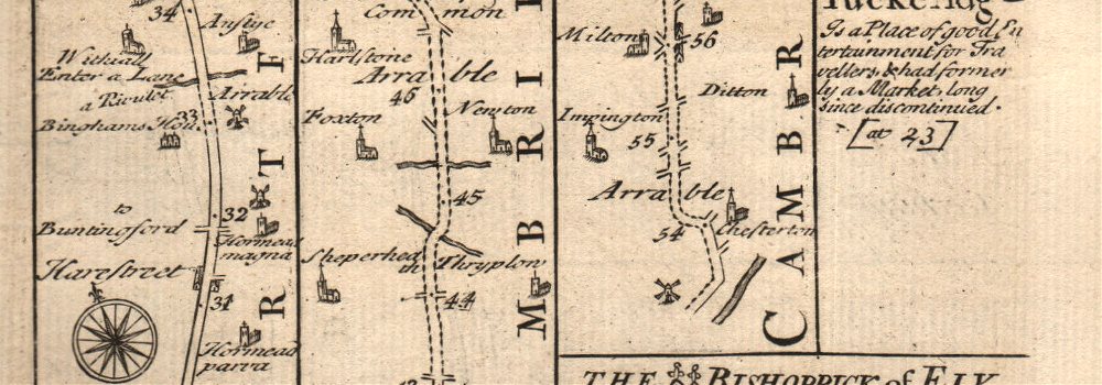 Puckeridge-Barkway-Fowlmere-Cambridge road map by J OWEN & E BOWEN 1753 