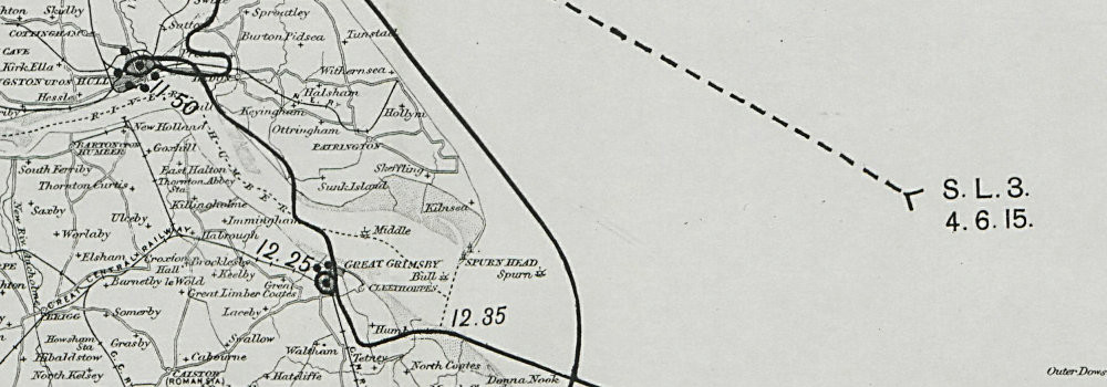 WW1 German Airship raid 4-5 June & 6-7 June 1915 Grimsby Hull Yorkshire 1930 map 