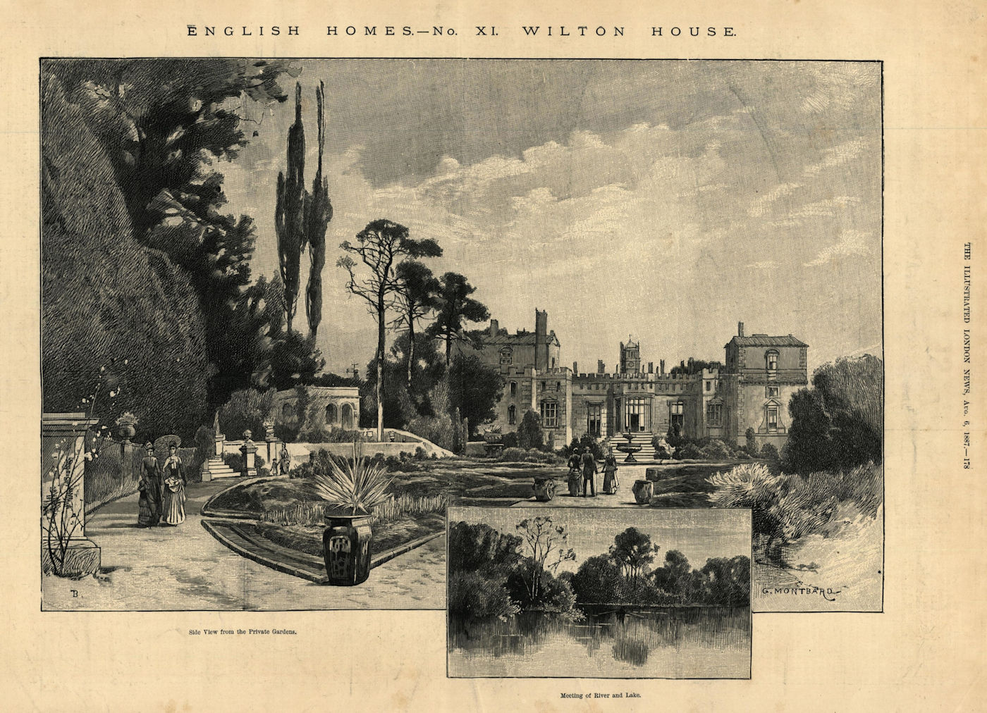 Side view from the Private Gardens, Meeting of river and lake - English homes - No. XI Wilton House Illustrated London News [Good]