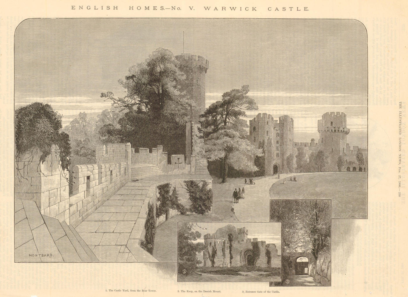 1. The Castle Yard, from the Bear Tower, 2. The Keep, on the Danish Mount, 3. Entrance Gate of the Castle - English Homes - No. V. Warwick Castle Ill