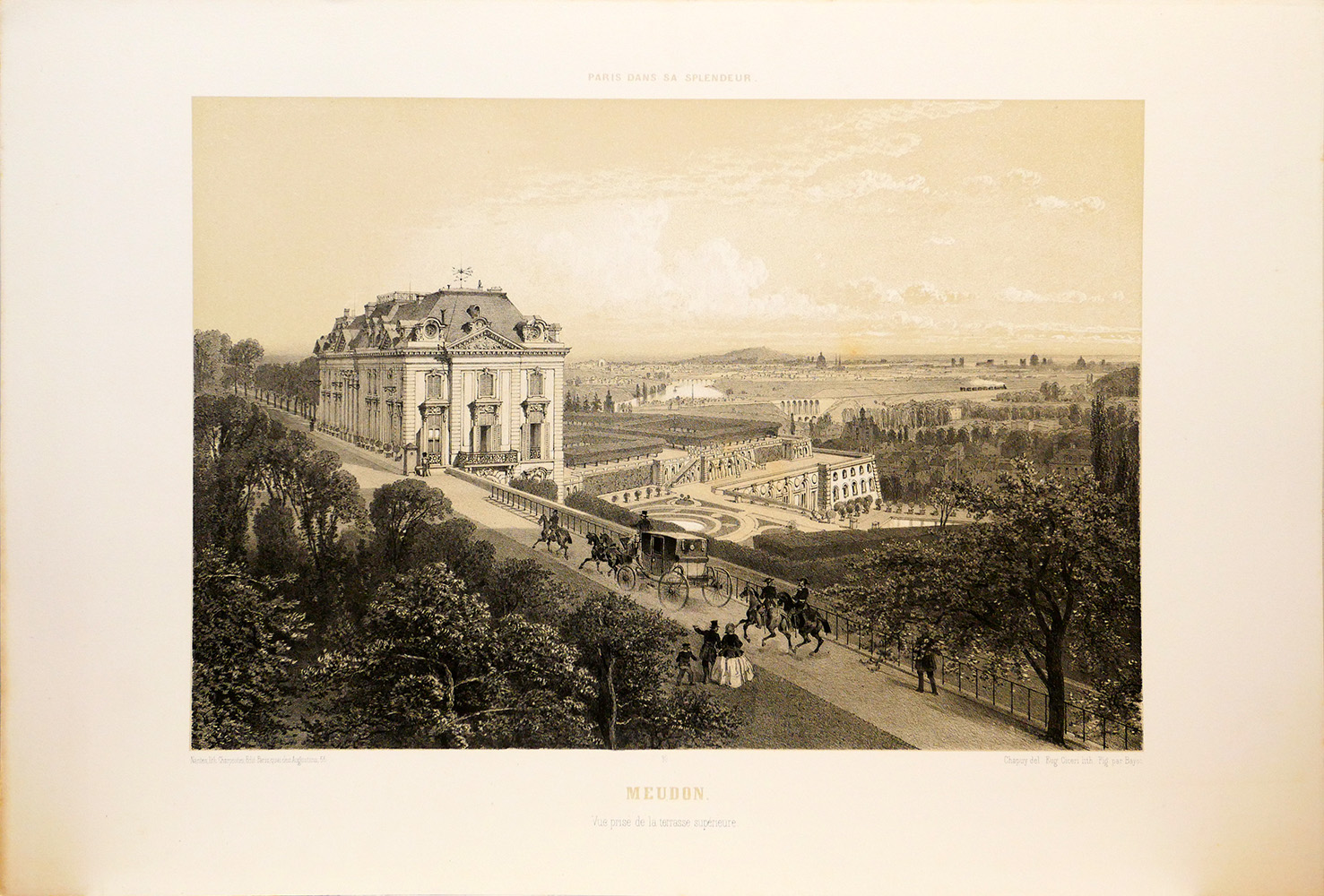 Lithographie originale. Meudon. Vue prise de la terrasse supérieure. Paris dans sa splendeur. (1863 ou 1868) Chapuy. Dessinateur Eugène Ciceri lithog