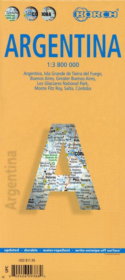 Borch Map Argentinien / Argentina : Argentina, Isla Grande de Tierra del Fuego, Buenos Aires, Greater Buenos Aires, Los Glaciares National Park, Monte Fitz Roy, Salta, Córdoba. Markier- u. abwischbar - Borch