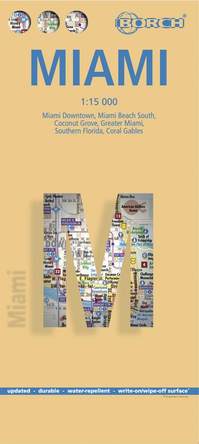 Borch Map Miami : Miami Downtown, Miami Beach South, Coconut Grove, Greater Miami, Southern Florida, Coral Gables. Laminiert - Borch