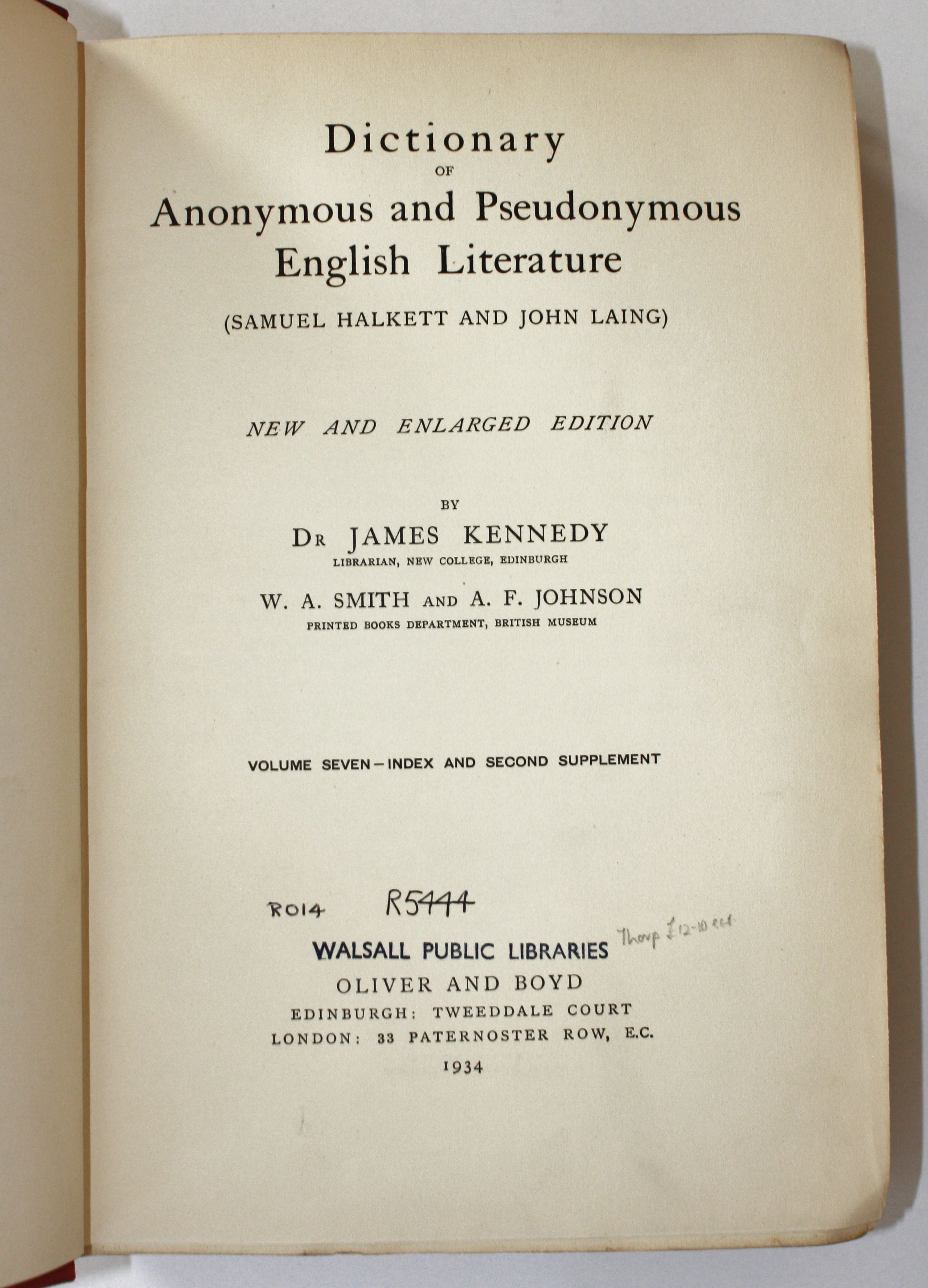 Dictionary of anonymous and pseudonymous English literature