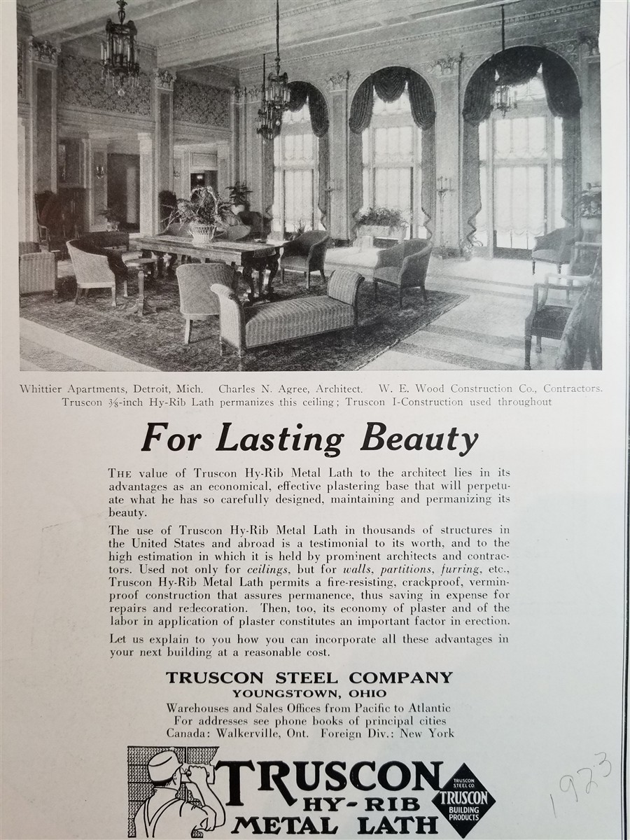 Advertisement Featuring Whittier Apartments, Detroit MI, Charles N. Agree, Architect, for Truscon Hy-Rib Metal Lath "For Lasting Beauty" American Arc