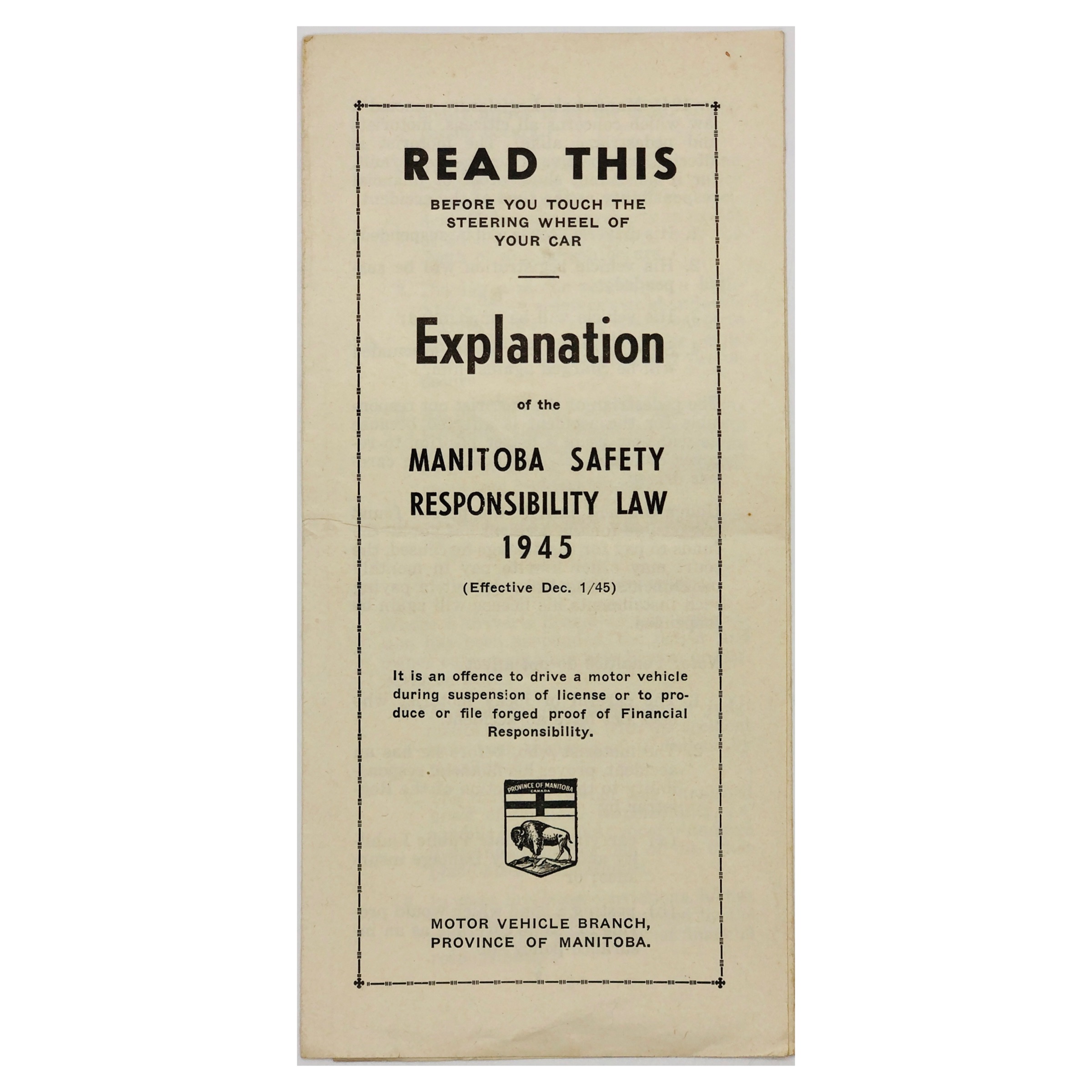 Explanation of the Manitoba Safety Responsibility Law, 1945 (Effective