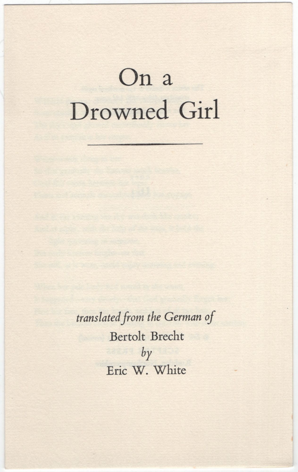 On a Drowned Girl by BRECHT, Bertolt: Fine Unbound (1973) | Between the ...