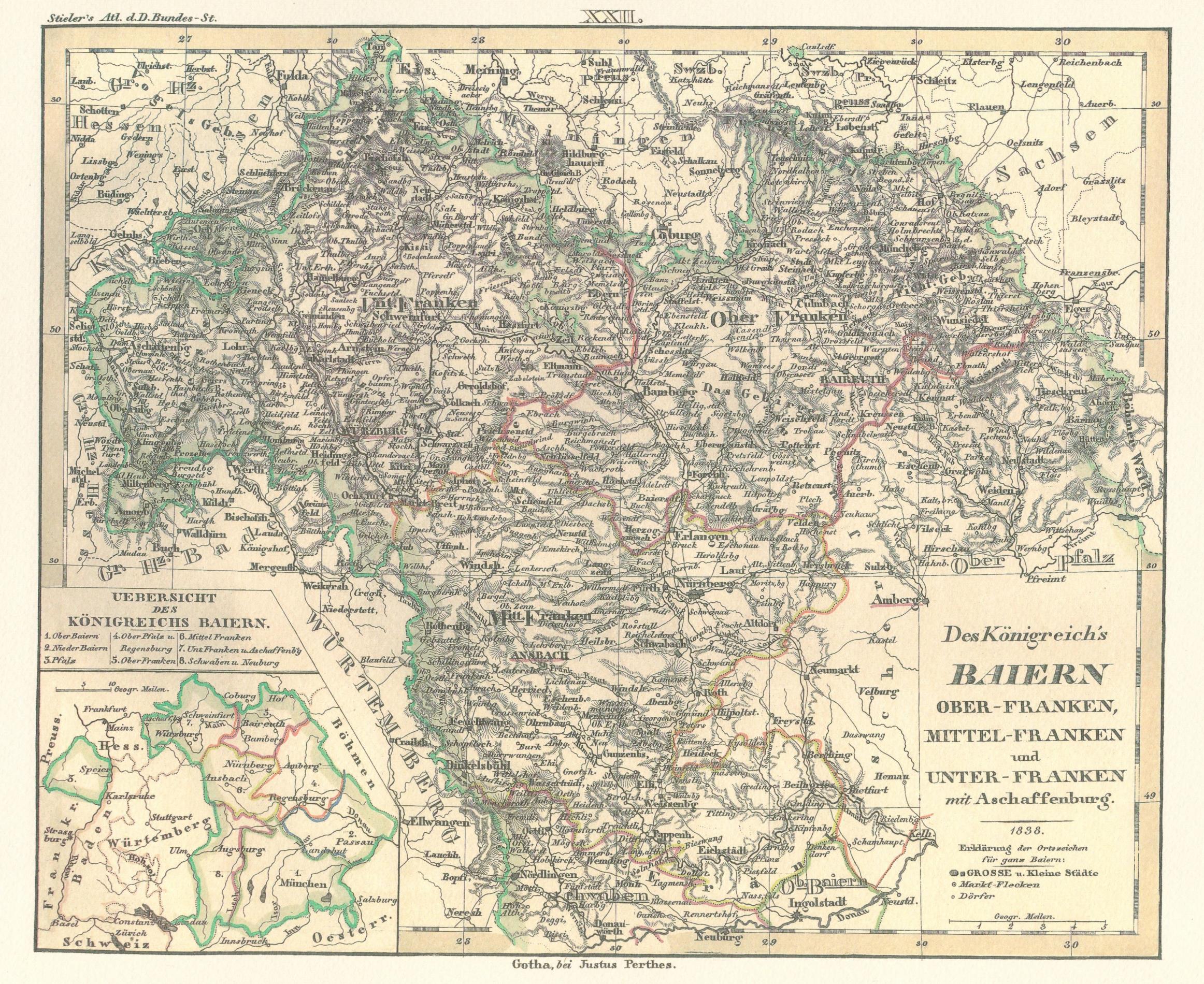 Historische Karte. Königreich Baiern. Ober-Franken, Mittel-Franken und Unter-Franken mit 