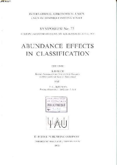 Abundance effects in classification Symposium N°72 held in lausanne Dorigny, Switzerland July 8-11 1975 International astronomical union Sommaire: Infuence of abundances upon stellar atmosphere calculations; Some commnts on a catalogue of atmospheric para - Hauck B. and Keenan P.C.