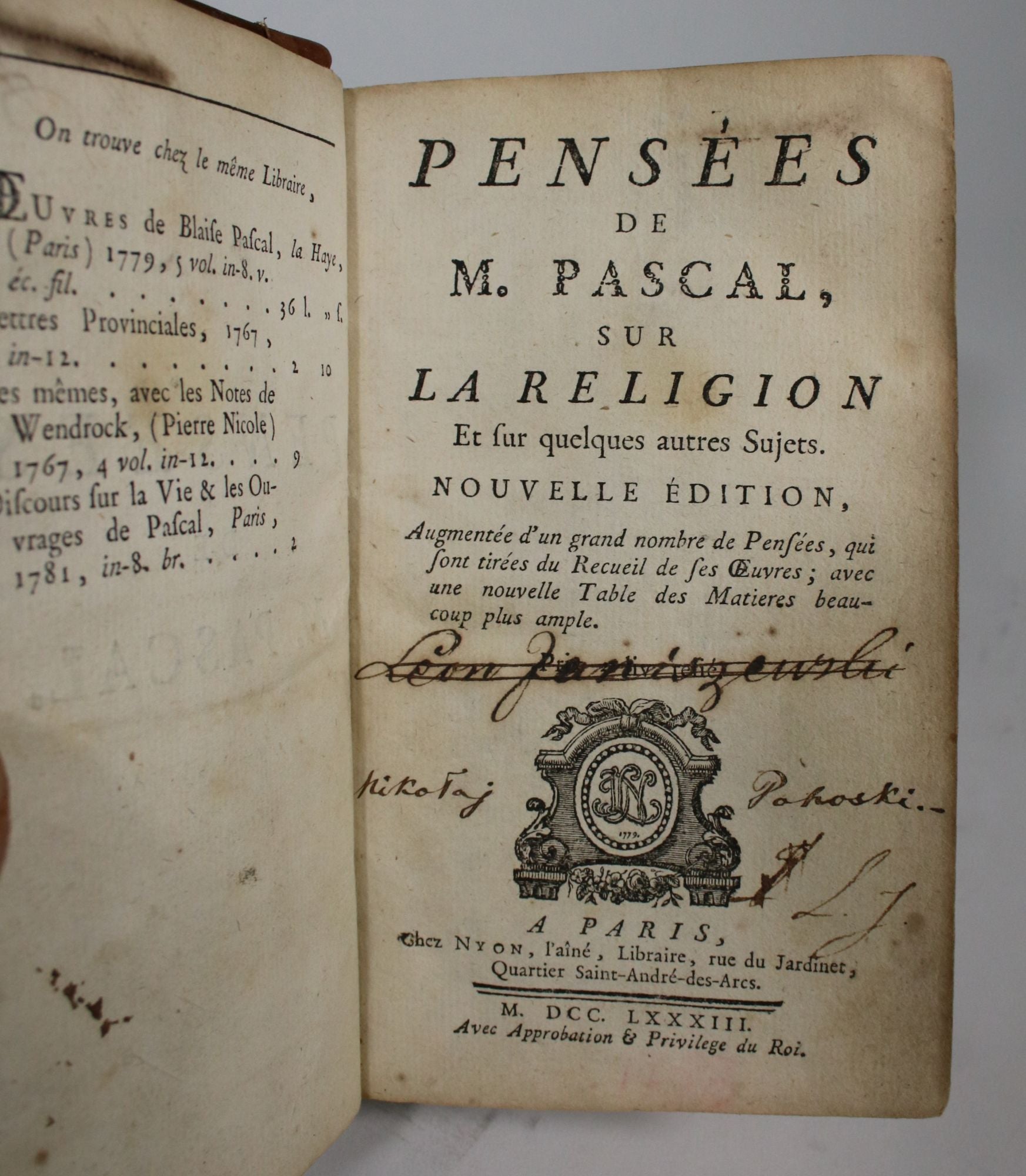Blaise Pascal『Pensees de M. Pascal-』1670年Chez Guillaume Desprez(パリ)ブレーズ・パスカル『パンセ』初版本 Blaise Pascal『Pensees de M. Pascal-』1670年Chez Guillaume Desprez(パリ)ブレーズ・パスカル『パンセ』初版本