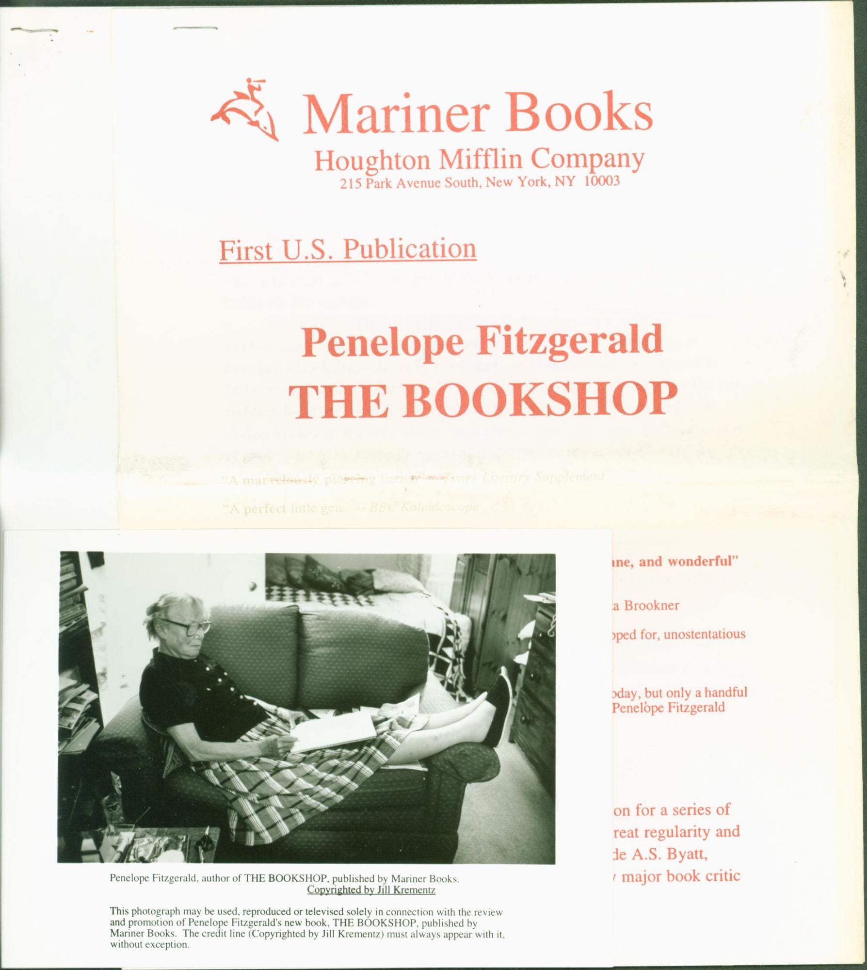 The Bookshop (promotion package) Fitzgerald, Penelope. Mariner Books, Houghton Mifflin Company [ ]