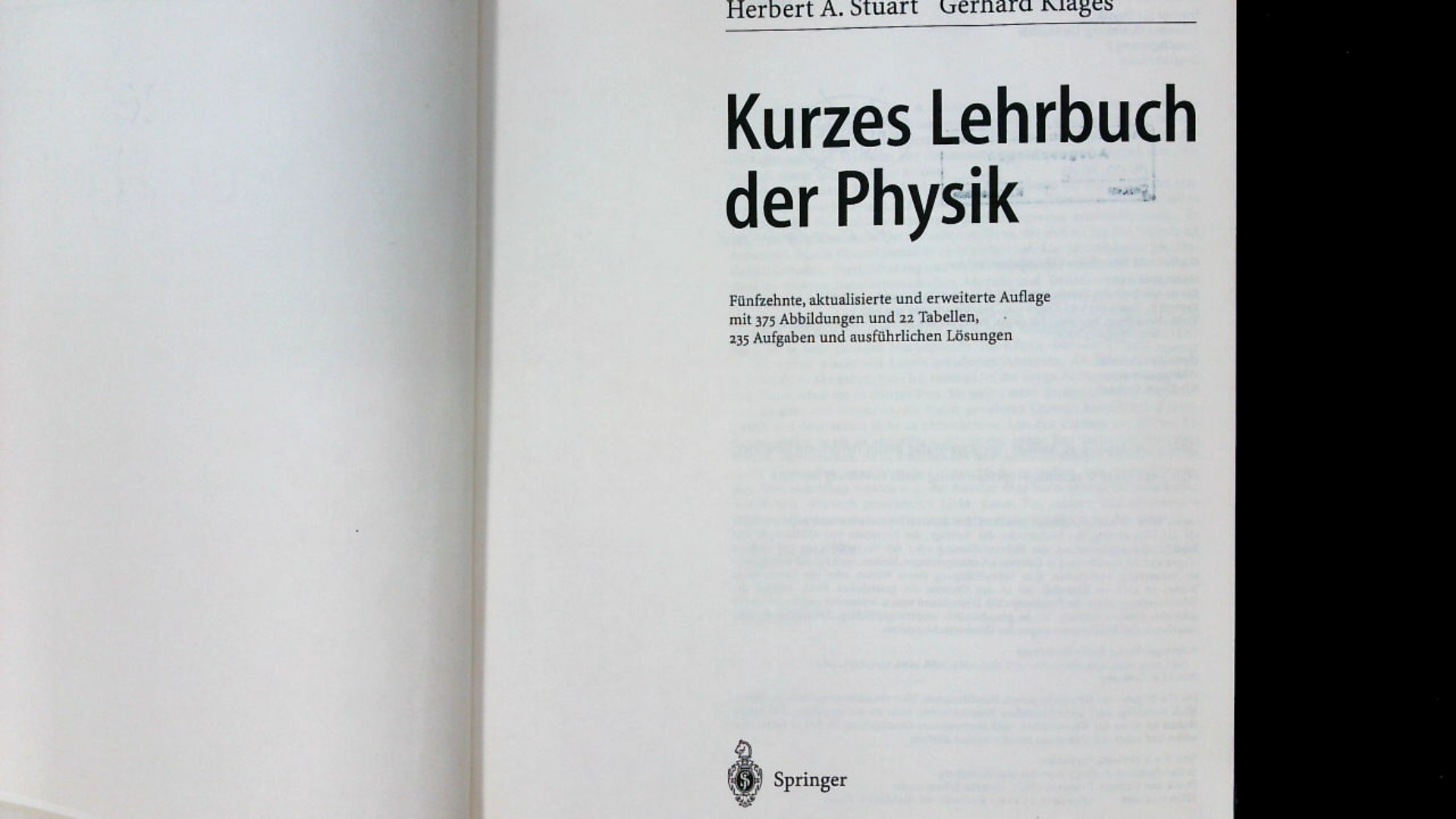 Kurzes Lehrbuch der Physik. (Springer-Lehrbuch). - Stuart Herbert, A. und Gerhard Klages,