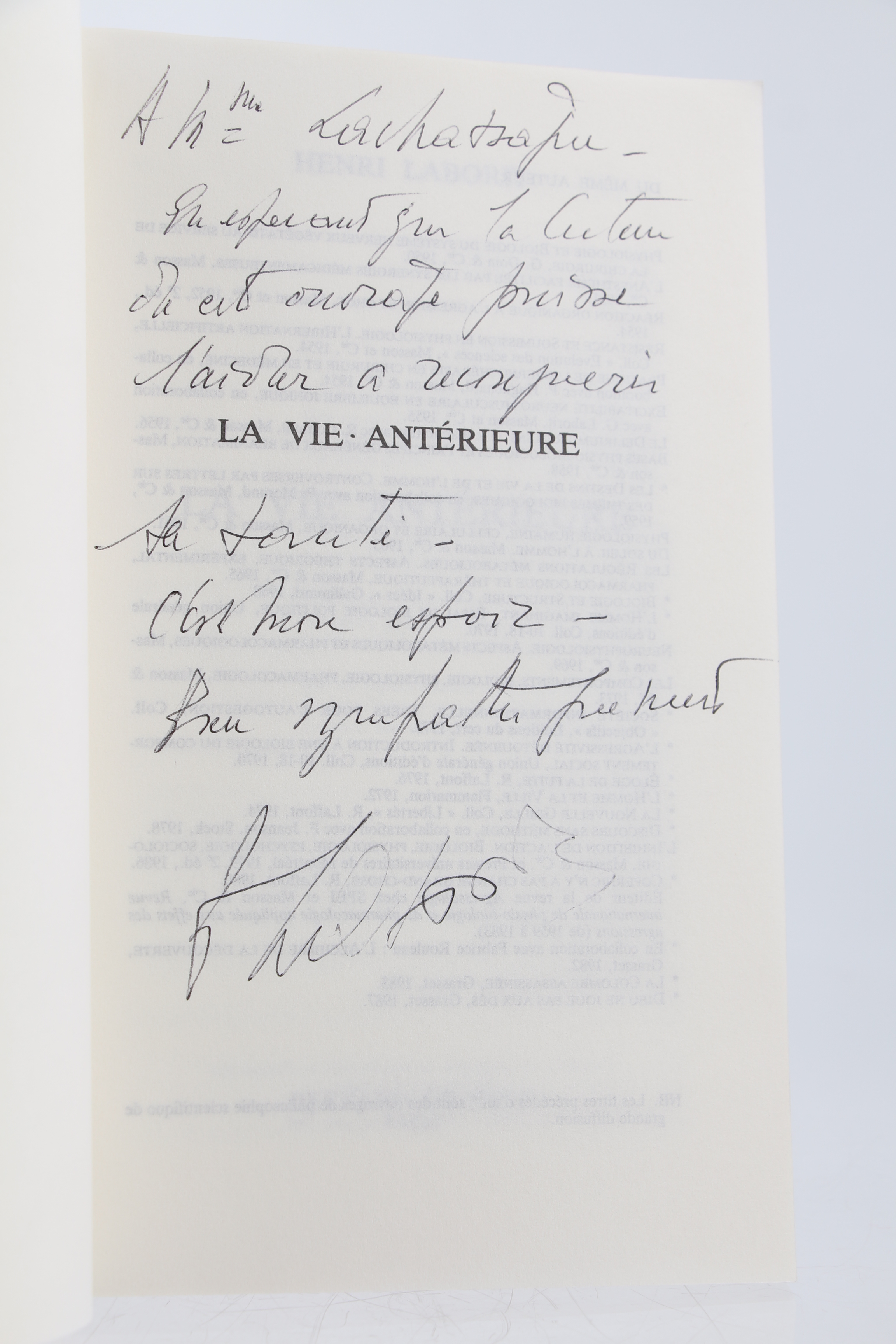 La Vie antérieure by Henri LABORIT: couverture souple (1989) Signed by ...