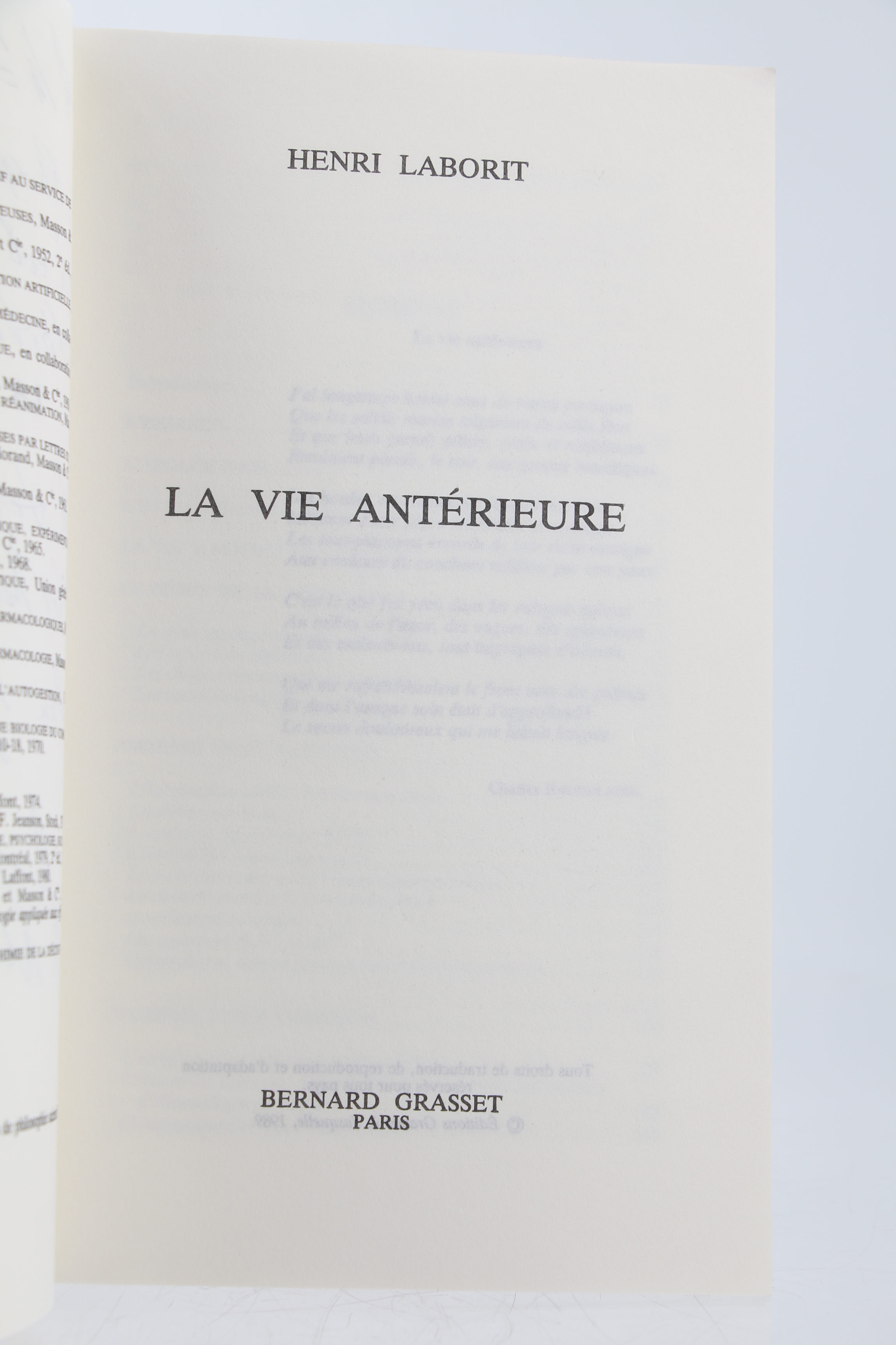 La Vie antérieure by Henri LABORIT: couverture souple (1989) Signed by ...