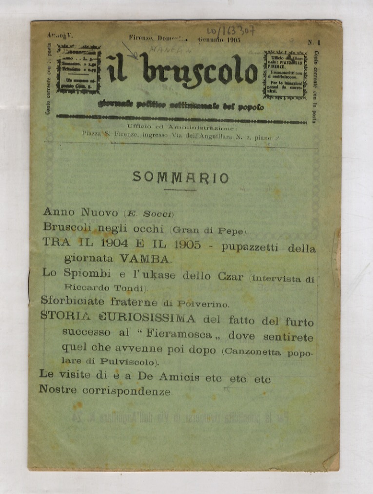 Abebooks BRUSCOLO (IL) giornale politico settimanale del popolo. Anno V. N. 1. Firenze domenica 1 gennaio 1905
