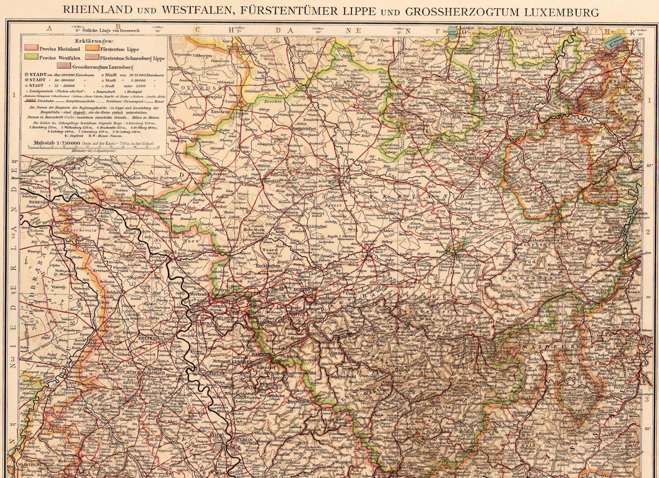 Karte Rheinland und Westfalen, Fürstentum Lippe und Grossherzogtum ...