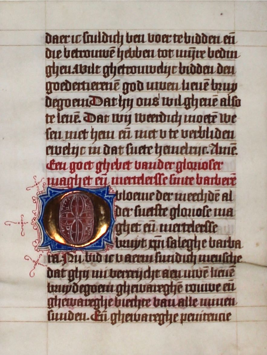 Dutch language manuscript leaf c.1475. Highly burnished & embellished gold initial. Book of Hours [Very Good]