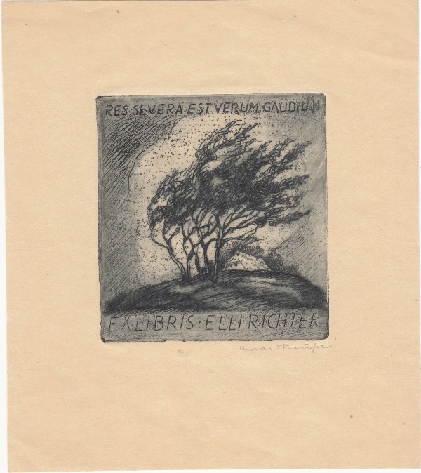 Ex Libris Elli Richter. Bauernkate auf Hügel mit Baum im Sturm. "Res severa est verum gaudium