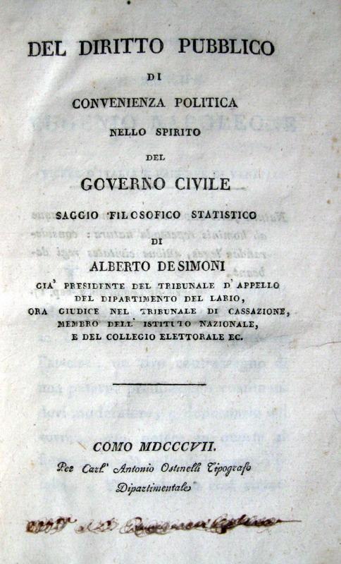 Abebooks Del diritto pubblico di convenienza politica nello spirito del governo civile. Saggio filosofico statistico. Como per Carl&#39;Antonio Ostinelli tipografo dipartimentale 1807